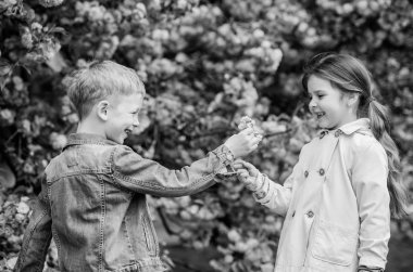 Onu şaşırtıyor. Pembe kiraz çiçeğinin tadını çıkaran çocuklar. Romantik bebekler. Bütün çiçekleri ona veriyorum. Sakura ağacı arka plan çiçekleri üzerinde çift çocuk. Şefkatli aşk duyguları. Küçük kız bahar çiçekleri tadını çıkarın