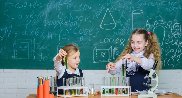 Mädchen im Chemieunterricht der Schule. Kinder experimentierfreudig. Schulbildung. Schullaborpartner. chemische Analyse. Reagenzgläser mit bunten Substanzen. Schulausstattung für Labor — Stockfoto