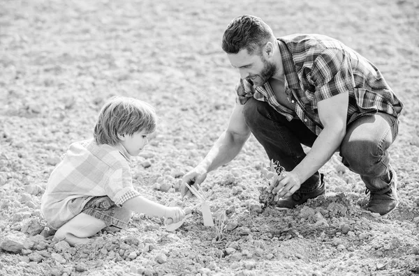 Μικρό αγόρι παιδί βοηθήσει τον πατέρα στη γεωργία. πλούσιο φυσικό χώμα. Οικολογική φάρμα. πατέρας και γιος φυτεύουν λουλούδια στο έδαφος. νέα ζωή. λιπασμάτων. μέρα της ευτυχης γης. Οικογενειακό δέντρο. ημέρα της γης. Καθισμένος στο έδαφος — Φωτογραφία Αρχείου