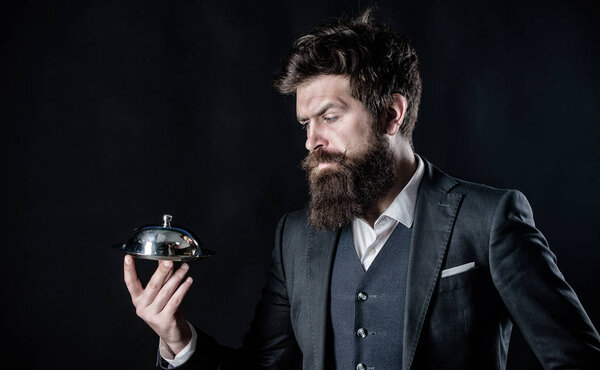 I got it. businessman in suit. Waiter man. Perfect recipe. Mature hipster with beard hold food tray in restaurant. Bearded man chef presenting meal. brutal caucasian hipster hold metallic dish