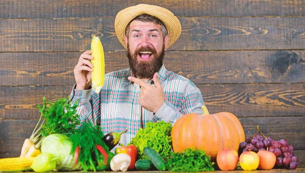 Farmer with homegrown harvest. Farmer rustic villager appearance. Grow organic crops. Man cheerful bearded farmer hold corncob or maize wooden background. Farmer straw hat presenting fresh vegetables