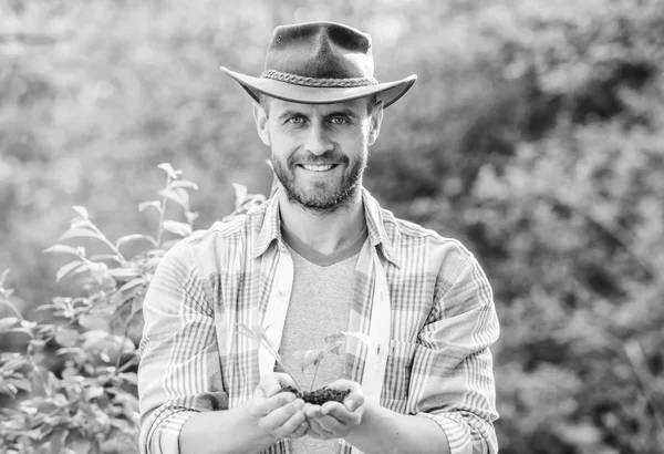 Hombre rancho muscular en las plantas de cuidado sombrero de vaquero. Campesino ecológico. Día de la Tierra. feliz día de la tierra. Eco vivir. agricultura y cultivo agrícola. Jardinería. agricultor exitoso mantenga la planta en el suelo en manos — Foto de Stock