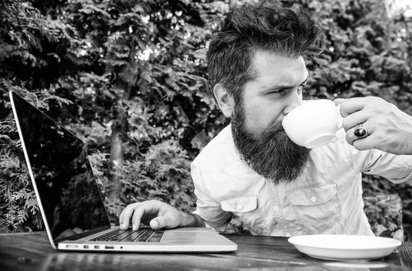 perfect deal. office worker. Successful businessman. brutal bearded hipster at coffee break. happy man working on laptop. agile business. Business success. drink coffee. Profit and richness concept