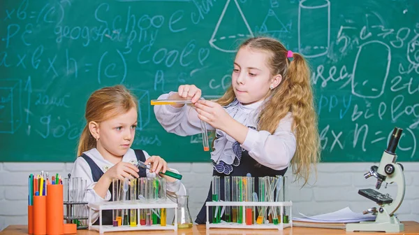 Laboratuvar için okul ekipmanları. Okul kimya dersindeki kızlar. Okul laboratuvar ortakları. Deneyle meşgul çocuklar. Kimyasal analiz ve gözlem reaksiyonu. Renkli maddeler ile test tüpleri — Stok fotoğraf