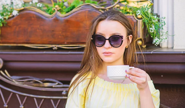 summer fashion beauty. Meeting in cafe. good morning. Breakfast time. morning coffee. Waiting for date. stylish woman in glasses drink coffee. girl relax in cafe. Business lunch. Morning inspiration