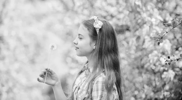 Glückliches Kind hält Pusteblume. kleines Mädchen und mit Taraxacum-Blume. natürliche Schönheit. Kinderglück. Löwenzahn. Frühlingsferien. Frauentag. Sommerferien. Rancho und Land. Konzept für kleine Mädchen — Stockfoto