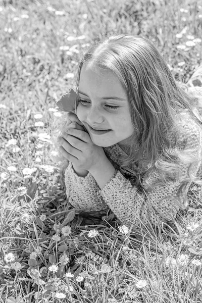 A criança gosta do aroma da tulipa enquanto está deitada no prado, de perto. Menina no rosto feliz detém flor de tulipa vermelha no dia ensolarado da primavera. Menina com cabelos longos deitado no gramado, fundo de grama. Conceito de sensibilidade — Fotografia de Stock
