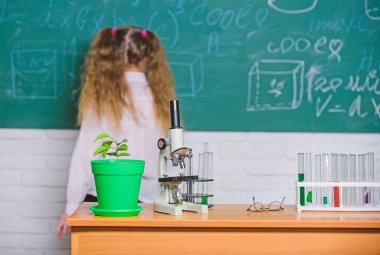 Okul biyolojisi dersi. Çocuk okulda ekipman ile biyoloji eğitimi. Bilgi günü. Biyoloji kavramı. Sınıfta masada mikroskop ve test tüpleri. Okul tebeşir tahtası arka plan defokus yakın Çocuk