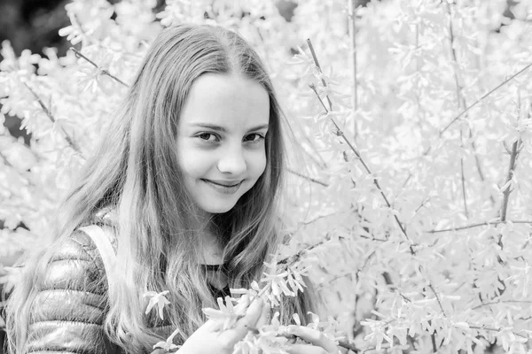 Explore garden. Excursion to botanical garden. Plants grown for display to public. Girl walk in botanical garden. Peaceful environment garden. Enjoying nature. Kid cute fancy child spend time in park — Stock Photo, Image