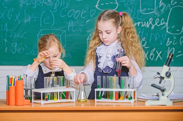 İnanılmaz bir şey bilinen için bekliyor. Küçük öğrencilerin eğitim. Küçük öğrenciler kimya öğrenmek. Akıllı kız öğrenciler Biyoloji sınavı için okuyor. Eğitim ve öğrenme — Stok fotoğraf