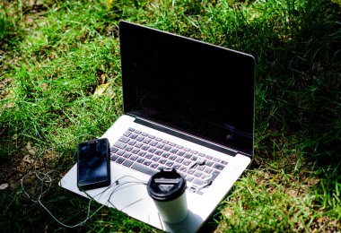 çevik iş. Online çalışma. çalışma yeri açık. Bedava müzik. Yaz titreşimler. Rahatla. cep telefonu ve kahve kulaklık ile dizüstü yeşil çim gitmek. Üniversite öğrencileri yaşam. Online alışveriş