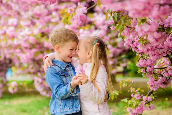 부드러운 사랑의 감정. 벚꽃 배경의 꽃에 아이들을 커플. 어린 소녀는 봄 꽃을 즐길 수 있습니다. 그녀에게 모든 꽃을 주는. 그녀를 놀라게. 분홍색 벚꽃을 즐기는 아이들. 낭만적 인 아기 — 스톡 사진