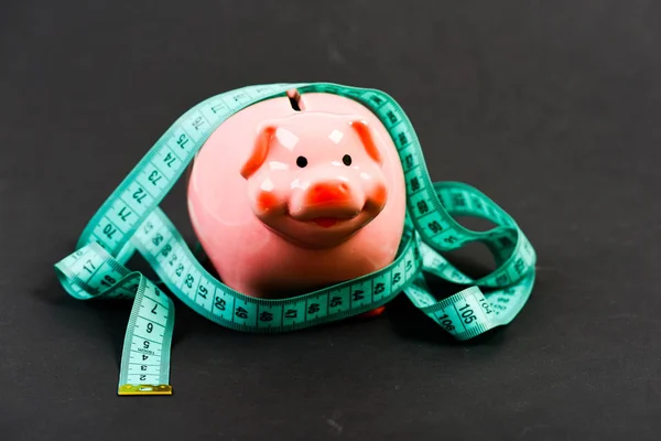 Piggy bank and measuring tape. Budget limit concept. Financial consulting. Economics and finances. Pig trap. Budget crisis. Planning budget. Business problem. Limited or restricted. Credit loan debt