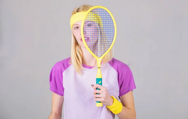 Start play game. Sport for maintaining health. Athlete hold tennis racket in hand. Tennis club concept. Tennis sport and entertainment. Active leisure and hobby. Girl adorable blonde play tennis