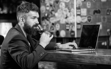 Çok iyi başarılı işadamı sakin ol. Başarı kutlamak. İşadamı Internet sörf içki alkol. Adam işadamı bar counter dizüstü konyak sakallı. Hipster freelancer iş online içme konyak
