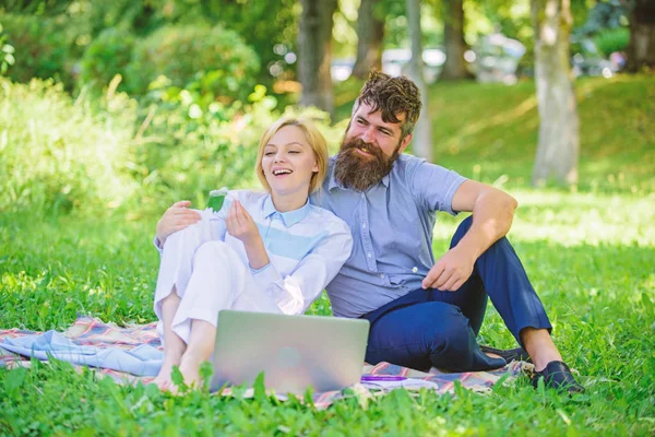 Family spend leisure outdoors work laptop. Stories of enduring family success and innovation. Couple in love or family work freelance. Modern online business. How to balance freelance and family life