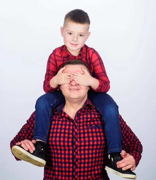 Dad piggybacking adorable child. Having fun. Happiness being father of boy. Fathers day. Father example of noble human. Best friends forever. Father little son red shirts family look outfit