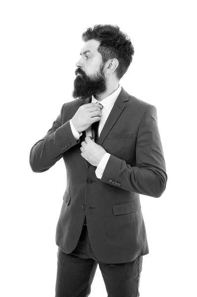 Bearded man confident posture isolated white. Hipster with beard formal suit office worker. Businessman formal suit. Modern businessman ofiice worker. Office life concept. He knows who is boss here — Stock Photo, Image