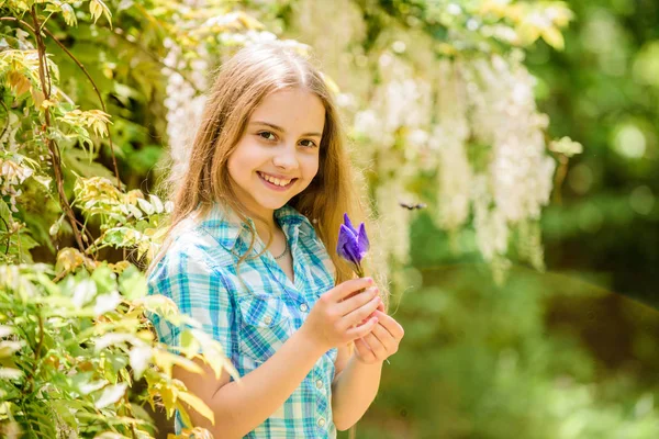 Flicka söt söt tonåring klädd land rustik stil rutig skjorta natur bakgrund. Sommarträdgårdsblomma. Färska blommor. Samlar blommor i fält. Sommaren är här. Grabben hålla blommor bukett — Stockfoto