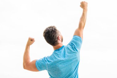 Şampiyon kazandı. Geleceğin konsepti. Güçlü bir kas vücudu kuvvetli arka görünümü hissi. Başarılı atlet. Zafer ve başarı. Geleceğin fırsatı. Liderlik ve rekabet. Gelecekte ileri bakıyor