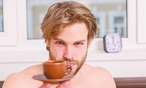 First thing in morning. Best time to have your cup of coffee. Every morning with his coffee. Man bearded handsome macho hold cup of coffee. Guy attractive appearance man enjoy hot fresh brewed coffee