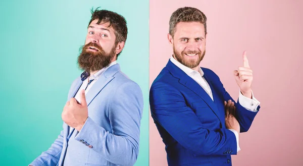 Formal outfit for manager. Business people fashion and formal style. Businessman stylish appearance jacket pink blue background. Business partners with bearded faces. Business fashion luxury menswear — Stock Photo, Image