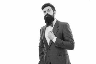 İşadamı veya ana bilgisayar şık kıyafeti beyaz izole. Şık tarzı. Adam sakallı hippi giyim Klasik takım elbise. Resmi kıyafeti. Takım çok iyi bak. Şıklığı ve erkek tarzı. Moda kavramı