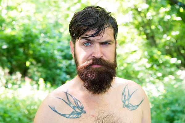 Heat concept. Summer heat. Bearded tattooed guy relax in nature hot summer day. Hipster wet skin and hair survive heat. Vacation resort. Extreme heat. Man thirsty sweaty hipster naked in forest