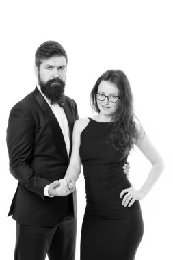 Erkek ve kadın şık giyinmiş gece için hazır. Yıldönümü kutlamak. Romantik Çift resmi giysiler giymek. Aşk romantik bir randevu. Çiftler listesi. Sevgilim ile sarılarak. İhale sarılmak