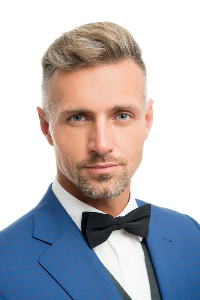 Proper bow tie. Gentleman modern style. Guy well groomed bearded gentleman wear tuxedo. Barber shop concept. Radiating confidence Elegant gentleman. Fashion accessory. Handsome guy close up — Stock Photo, Image