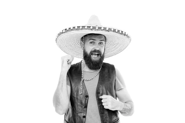 Mexican party concept. Guy happy cheerful festive outfit ready to celebrate. Mexican melody drives him. Man bearded cheerful guy wear sombrero mexican hat. Celebrate traditional mexican holiday — Stock Photo, Image