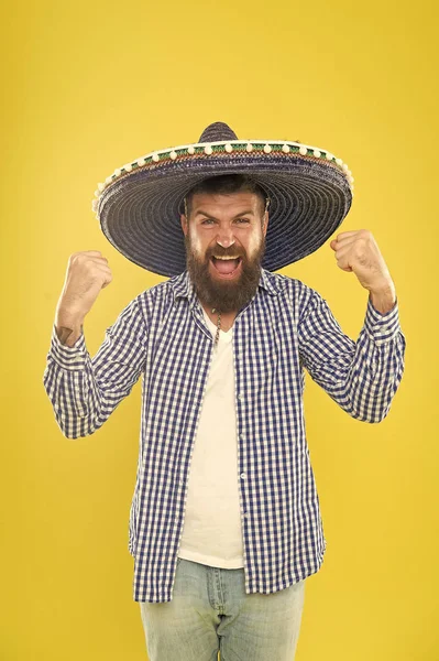 Join fest. Mexican culture concept. Celebrate mexican holiday. Mexican bearded guy ready to celebrate. Customs and traditions. Man wear sombrero mexican hat. Vacation travel festival and holidays