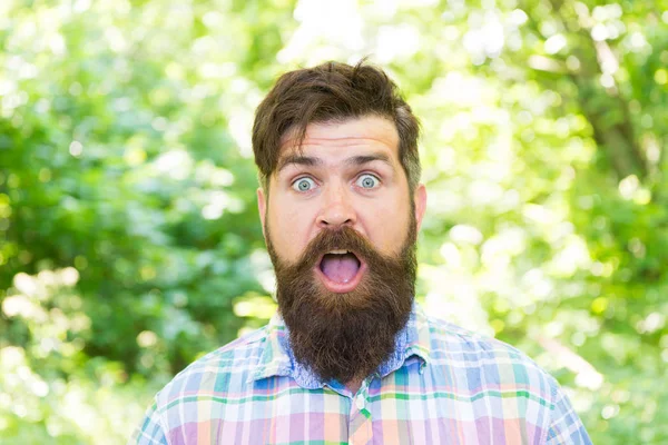 Caminhada e viagem. O tipo relaxa na natureza de verão. Unidos com o ambiente. Lenhador bonito. Barba de homem e bigode na floresta de verão. Conceito de férias de verão. Homem barbudo hipster verde árvores fundo — Fotografia de Stock