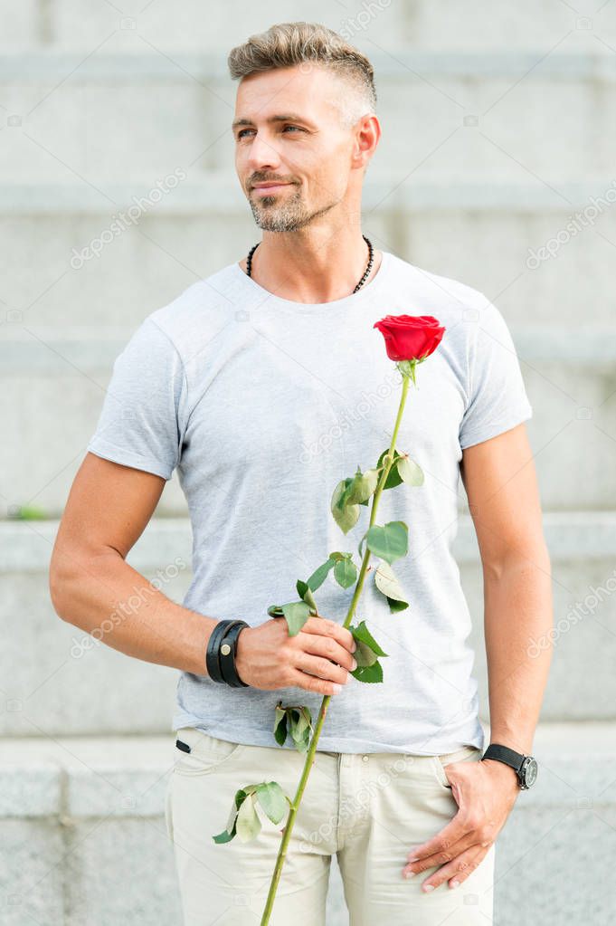 Valentines Day is finally here. Bearded man holding valentines flowering gift on february 14. Handsome guy with red rose for valentines day celebration. Red valentines rose to symbolize true love