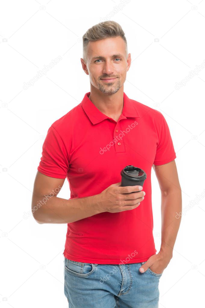 Enjoying his cappuccino. Drink it on the go. Man prefer coffee take away. Mature man hold paper coffee cup stand white background. Guy casual outfit drinking coffee. Delicious fresh coffee concept