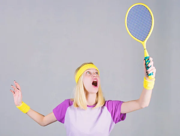 Girl fit slim blonde play tennis. Active lifestyle. Woman hold tennis racket in hand. Tennis club concept. Sport for maintaining health. Tennis sport and entertainment. Active leisure and hobby — Stock Photo, Image