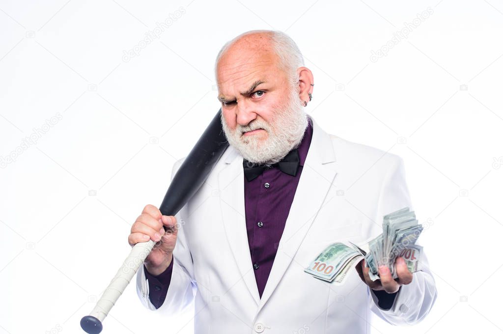 Senior man hold cash money and baseball bat. Richness wellbeing. Successful businessman. Brutal business life. Racket and raiding. Kingpin concept. Black cash money. Money profit. Personal security