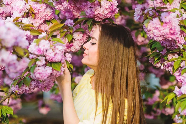 Chica en flor de cerezo. El árbol Sakura florece. olor a flor, alergia. cuidado de la piel y spa. Cosmética natural para la piel. belleza natural del verano. mujer en flor de primavera. Frescura de primavera —  Fotos de Stock