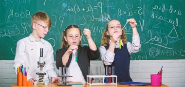 Test tüpleri olan grup öğrencileri kimyasal sıvıları incelerler. Bilim kavramı. Kızlar ve erkek sıvılar ile deney sağlayan. Renkli sıvı maddeler ile test tüpleri. Sıvı durumların incelenmesi