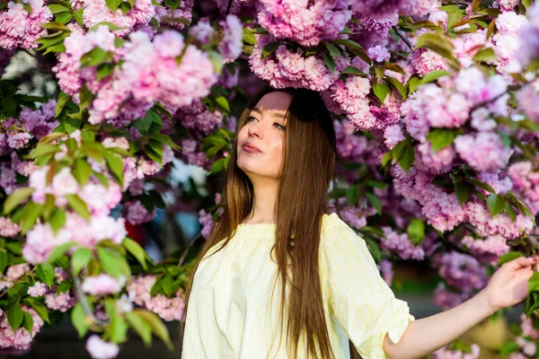 Woman in spring flower bloom. Natural cosmetics for skin. Floral paradise. Floral shop. Girl in cherry blossom flower. Sakura tree blooming. Soft and tender. Gorgeous flower and female beauty