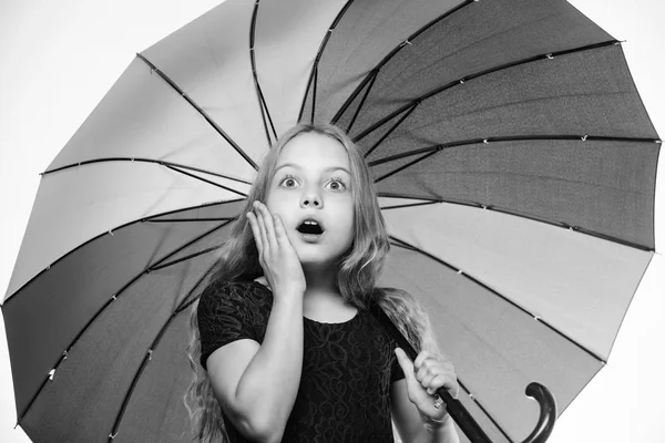 在这个秋日感觉受到了保护。惊讶的童年。上课时间。在下雨的天气里带着伞的小女孩。带着伞的快乐的小女孩。秋季时尚。孩子。秋天的时间。哦，我的上帝 — 图库照片