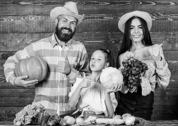 Harvest festival concept. Parents and daughter celebrate harvest holiday pumpkin vegetables fruits. Family farmers with harvest wooden background. Family rustic style farmers market with fall harvest — Stock Photo, Image