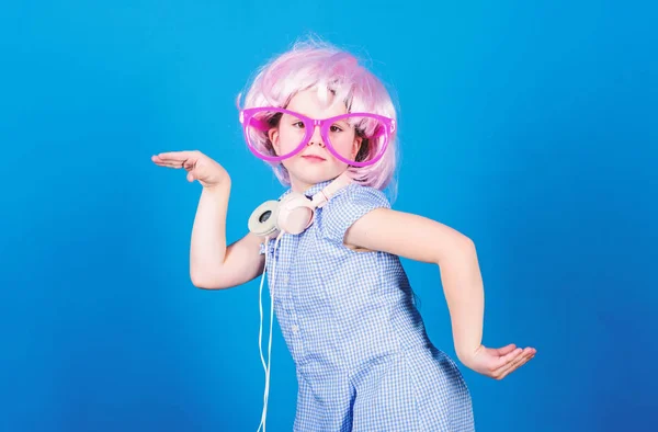 On sound wave with technology. Small child wearing wireless stereo headphones in party style. Technology and music. Stereo sound technology. Modern technology — Stock Photo, Image
