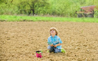 Bahçe konsepti. Çocuk küçük kürek ve saksıda bitki ile eğleniyor. Fide dikimi. Tarlaya dikim. Bahçede küçük bir yardımcı. Çocuk tarlada çiçek dikim yere oturup. Çiftlikte eğlenceli zaman
