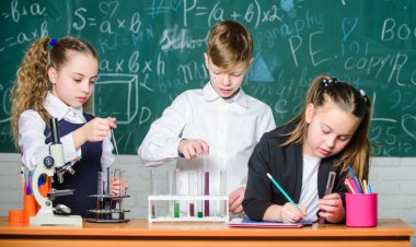 mikroskop ile biyoloji deneyleri yapan öğrenciler. Laboratuvardaki küçük çocuklar. Kimya mikroskobu. Laboratuvar mikroskobu. İyi notlar için çok çalışıyorum. Okul laboratuvarında kimya öğrenen küçük çocuklar