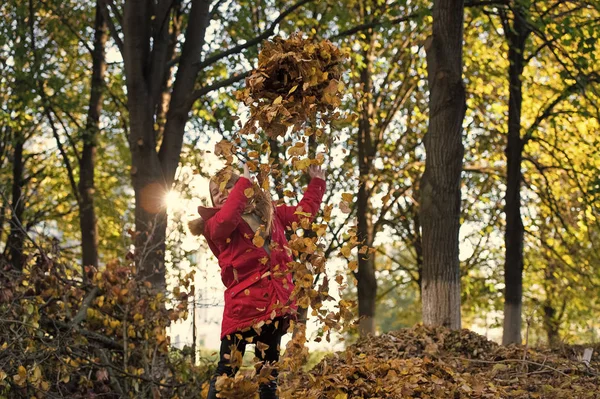 秋季服装和时尚概念。儿童金发长发漫步秋季公园背景。女孩高兴穿大衣与敞篷享受秋天自然。儿童穿大衣的秋季季节。婴孩戏剧投掷下落的叶子 — 图库照片