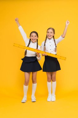 Ölçüm ekipmanları. Çocuk öğrenciler matematik okuyor. Bilgi günü. Schoolgirls okul üniforması büyük cetvel tutun. Geometri okulu dersi. Takım çalışması konsepti. Yakın ya da uzak. Ölçme becerileri. Ölçme mesafesi