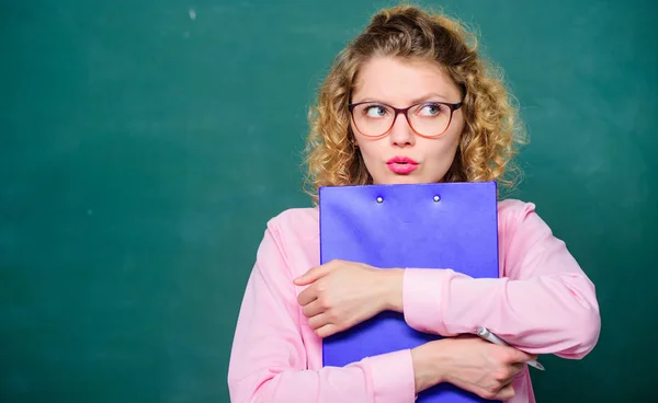 Essay writing. teacher with document folder. girl teacher at private lesson. copy space. student in glasses at blackboard. report project. back to school. next school year. Girl prepare for exams — Stock Photo, Image