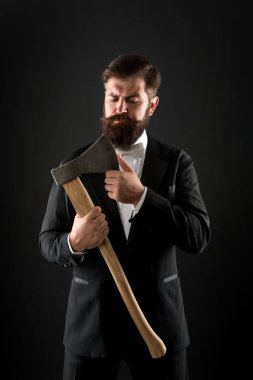 Sharp ax hand confident guy. Masculinity and brutality. Barbershop hairstyle. Firm determination. Brutal barber. Brutal manners. Resoluteness concept. Decision was made. Man brutal hipster with axe clipart