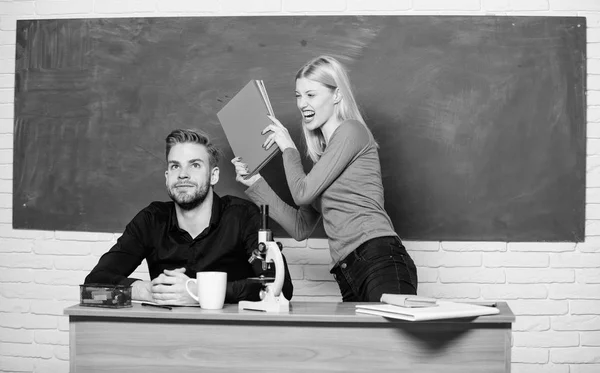 Worried about his exams. Home schooling. Modern school. Knowledge day. Student life. Lesson and blackboard. Teachers day. Back to school. Couple of man and woman in classroom. angry couple — Stock Photo, Image